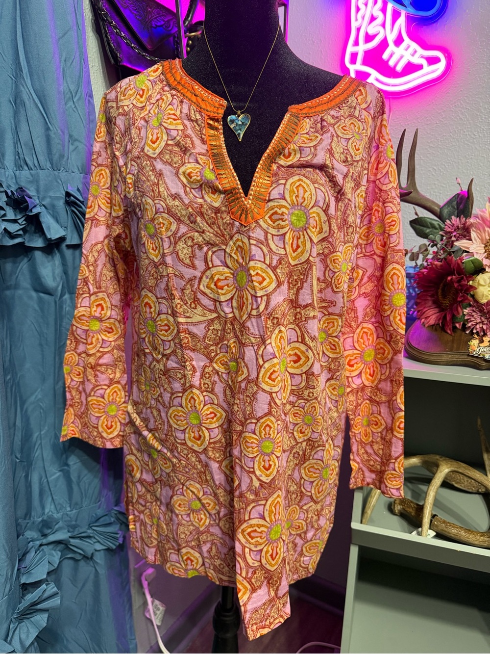 Robert Graham Pink Orange Paisley Beaded Boho Western Tunic Top Medium